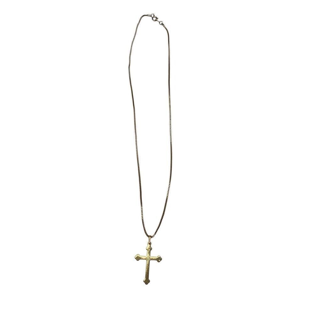 Vintage Gold Tone Cross Pendant Necklace Box Chain Religious Minimalist Style
